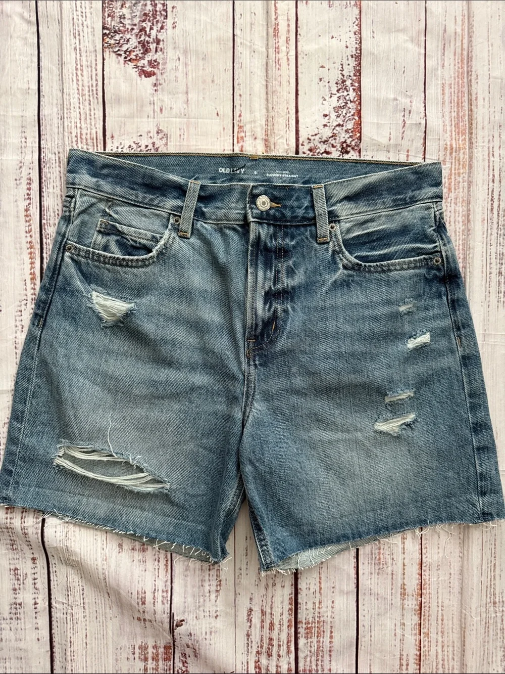 Old Navy High Rise Slouchy Straight Distressed Denim Long Cutoff Shorts 6 NWOT